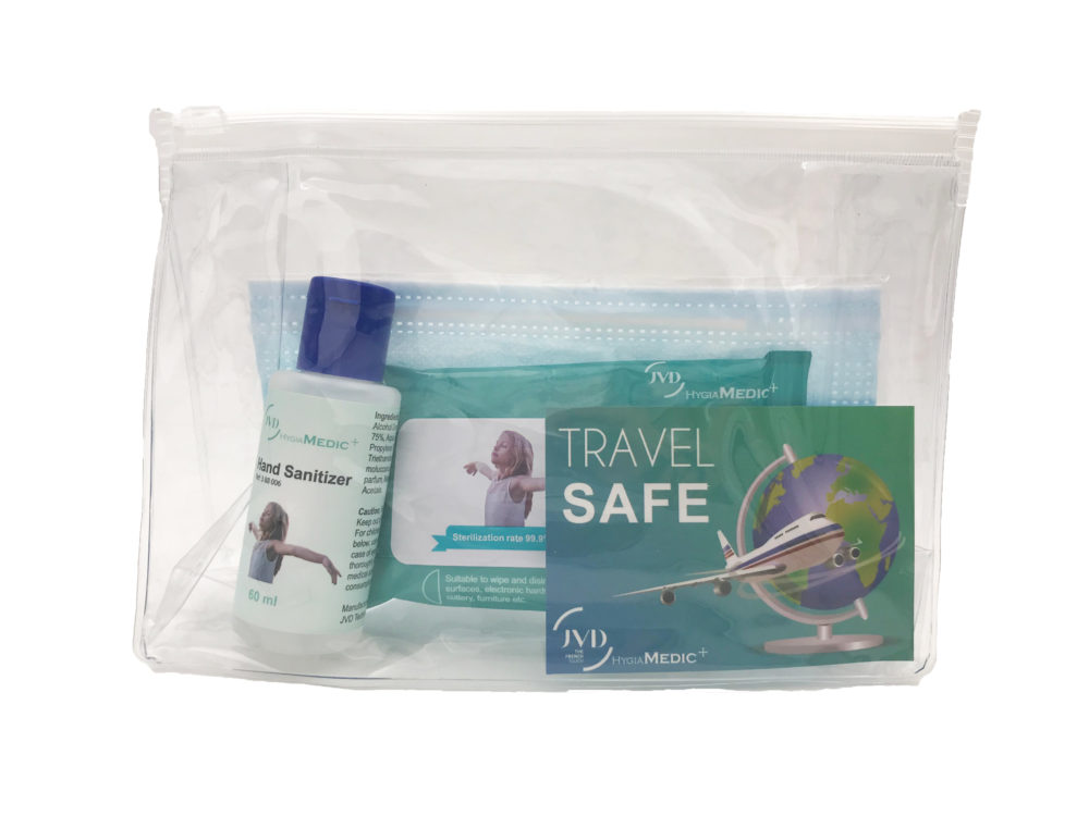 JVD TravelSafe Kit, consists of 6 masks, 1 pack alcohol wipes (10 pcs) and 1 bottle 60ml alcohol hand sanitizer in handy zip bag.