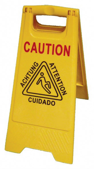 Floor sign, foldable, warnings on both sides CAUTION, yellow 